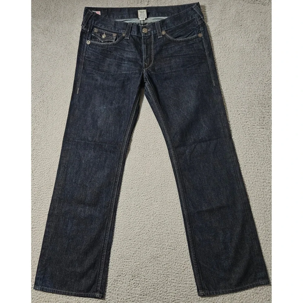 Vintage True Religion Denim Dark Blue Jeans Size 38x35 Ricky Big OT Thick Stitch